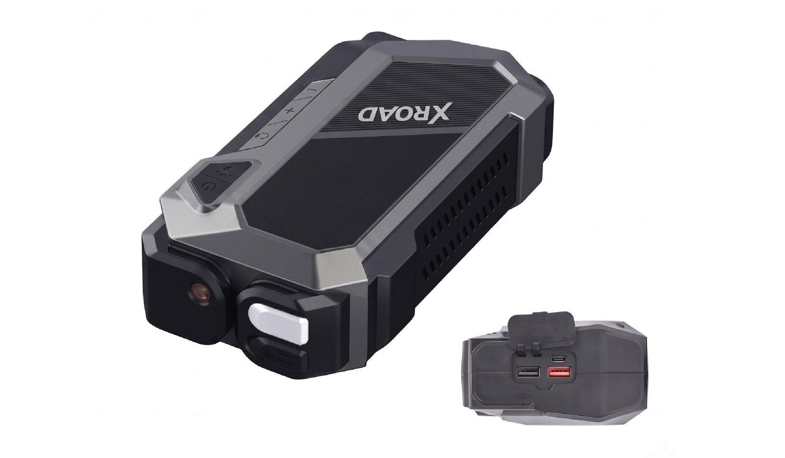 Partidor de batería XRoad mostrando pantalla, botones, linterna y puertos USB-A y USB-C
