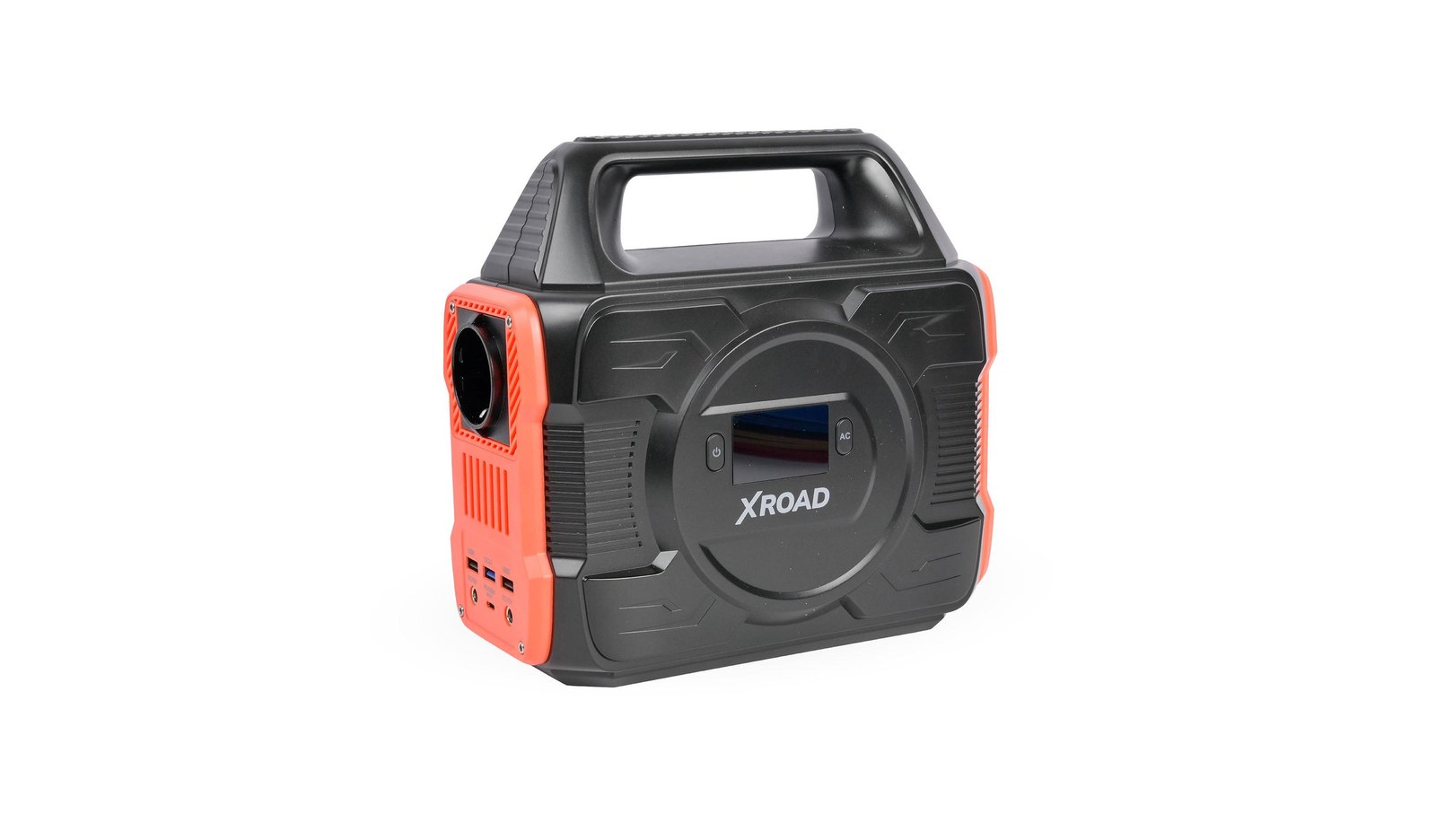 Partidor de batería XRoad mostrando pantalla, botones, linterna y puertos USB-A y USB-C
