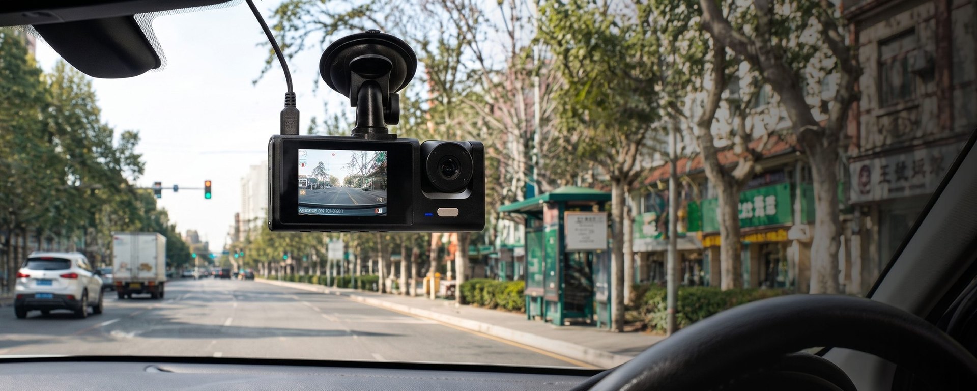 LEVO Cámara HD Auto D3 instalada en parabrisas - vista frontal