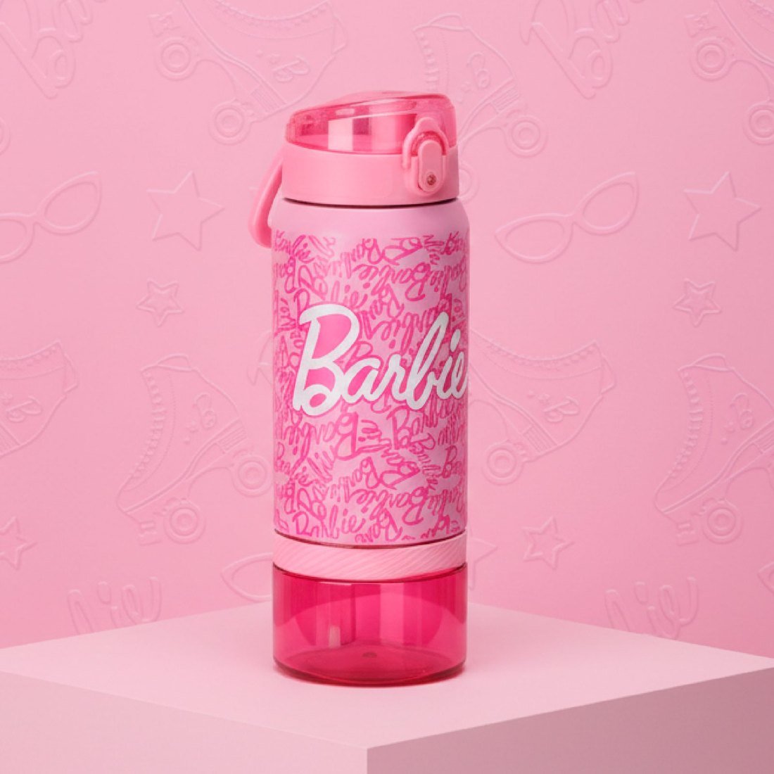 Botella térmica 2 en 1 Barbie 590ml, detalle de la tapa, cuerpo y compartimento