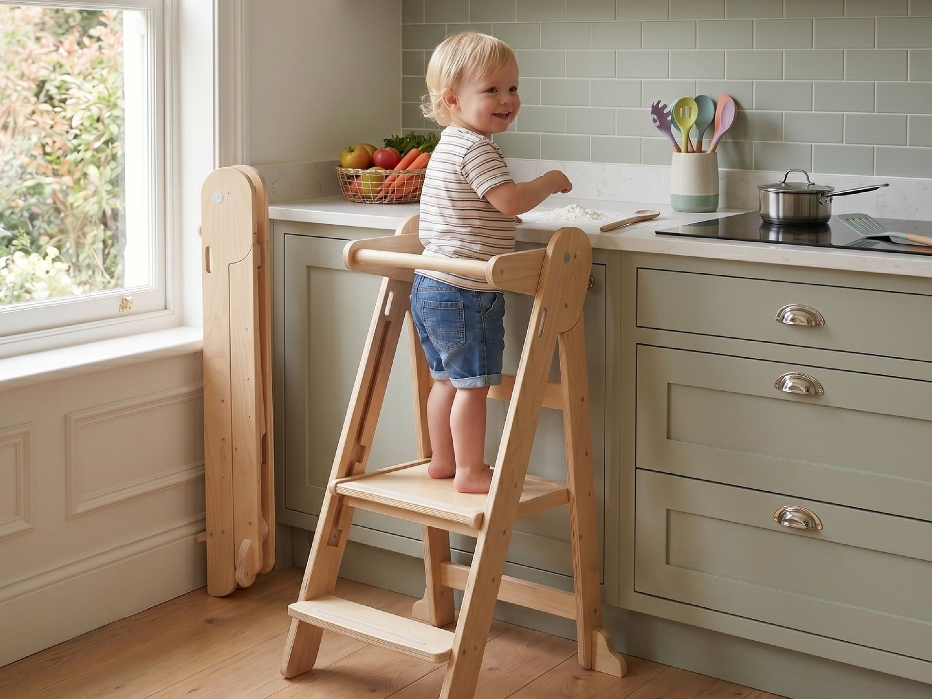Bandú torre de aprendizaje Montessori de madera plegable con tres niveles de altura - vista de uso