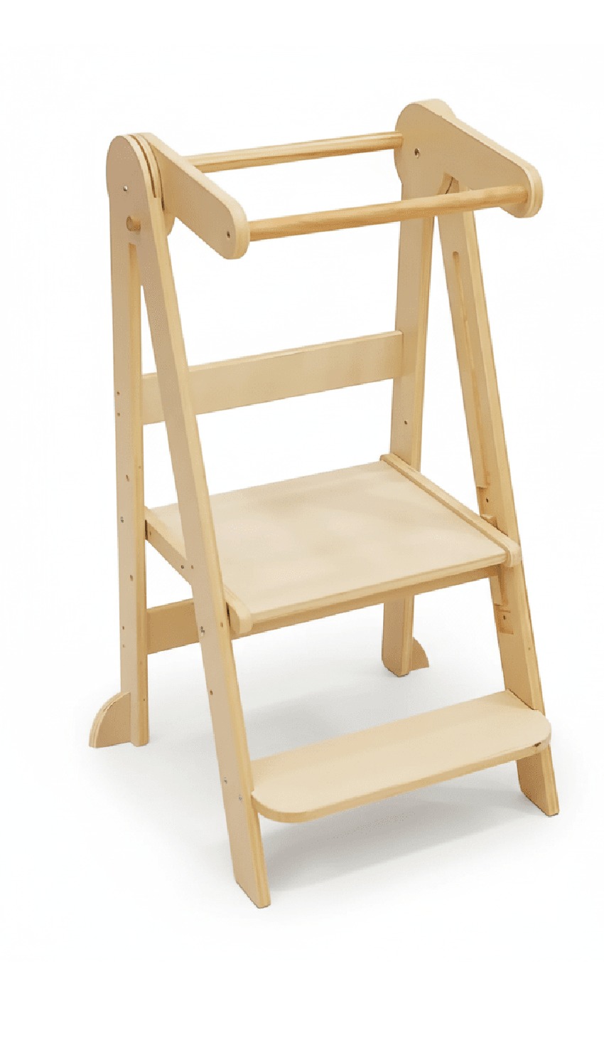 Bandú torre de aprendizaje Montessori de madera - vista de producto con barra de seguridad, escalones y niveles de altura