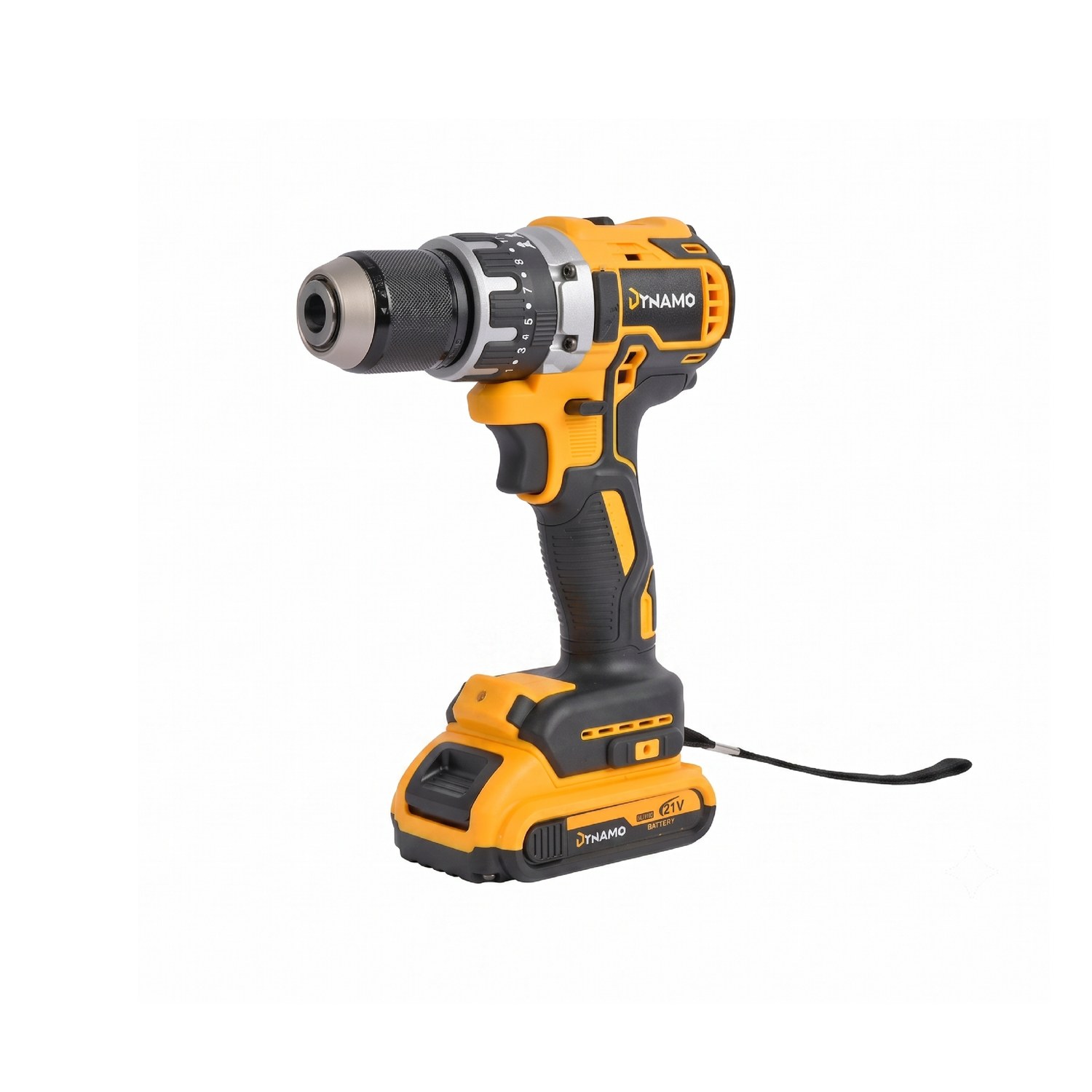 Taladro percutor inalámbrico Dynamo 13 mm — detalle de mandril, empuñadura y batería