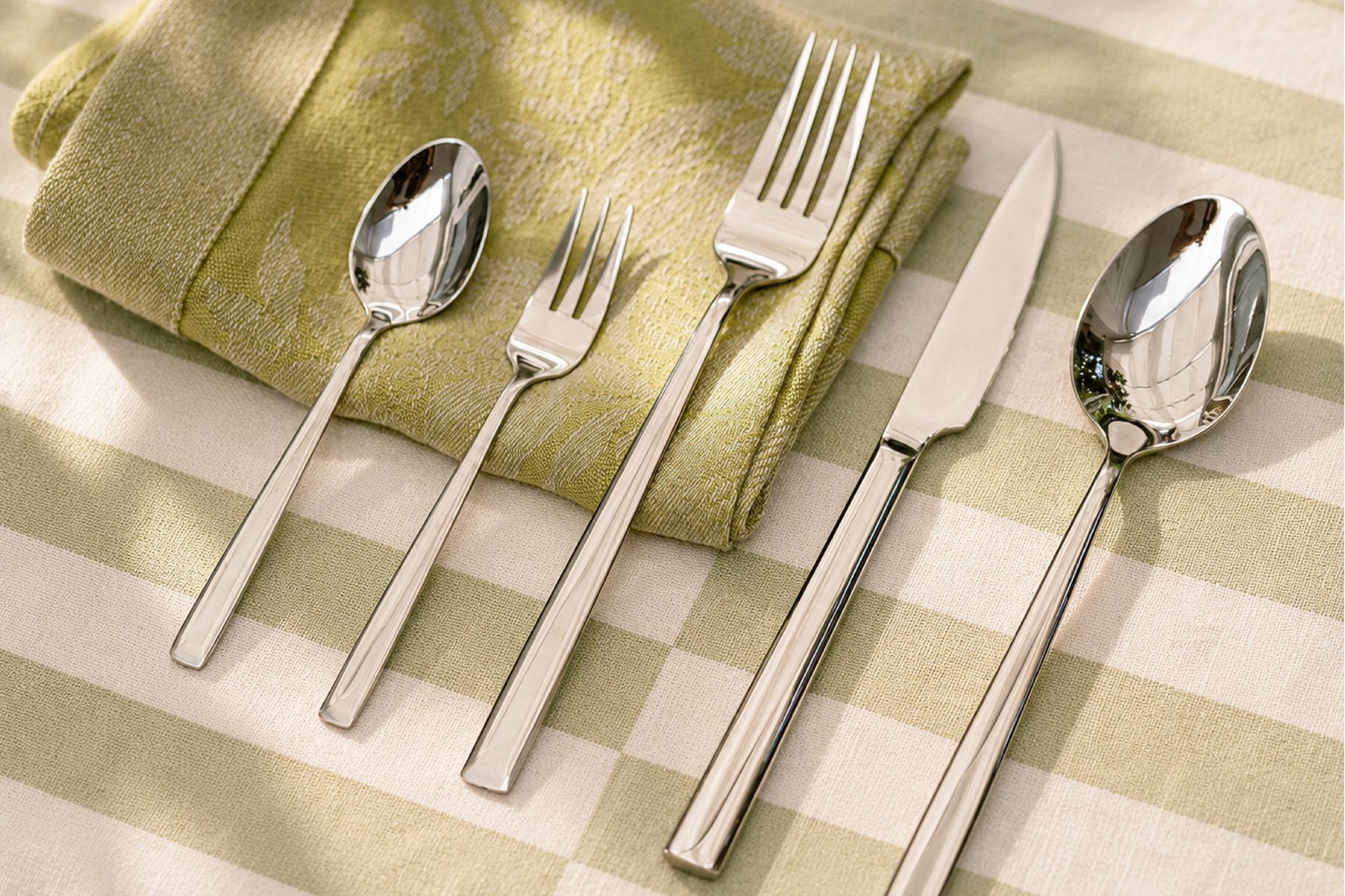 Simplit Set de Cuchillería Sicilia 30 pcs — lay flat con los 5 tipos de cubiertos sobre fondo crema