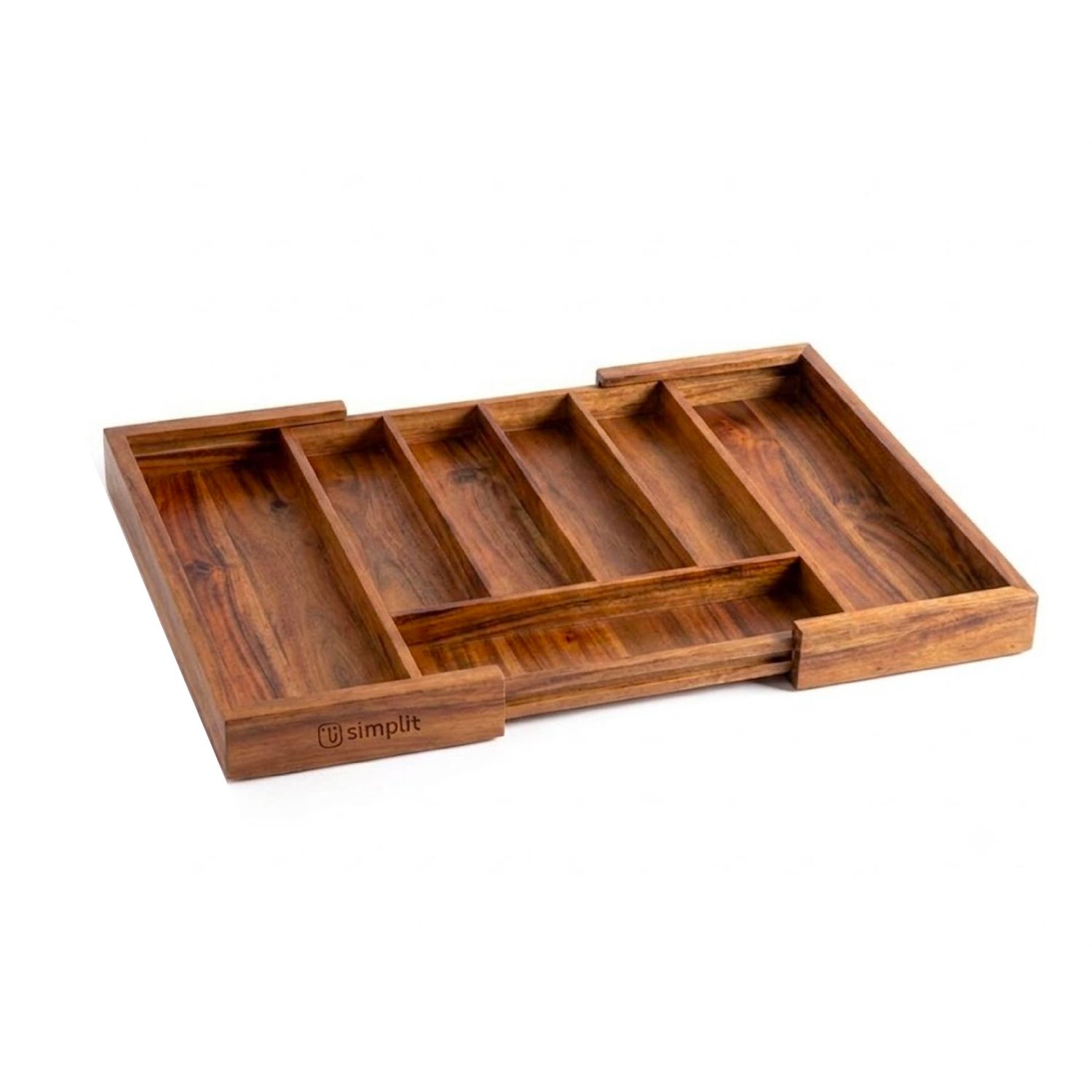 Simplit Organizador Cubiertos Oslo — vista del sistema expandible, guía deslizable y compartimentos en madera de acacia