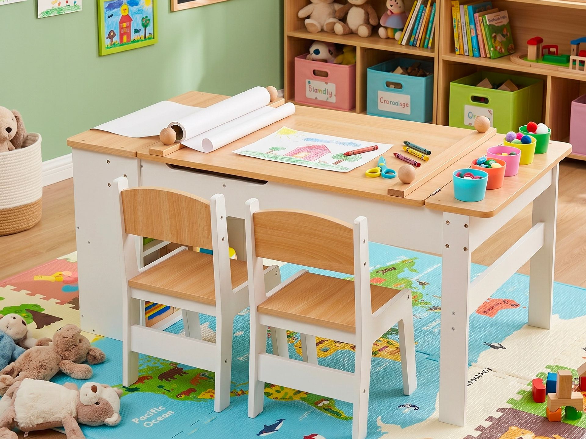 Bandú pack infantil de mesa y dos sillas de madera para actividades y juego - vista ambiente