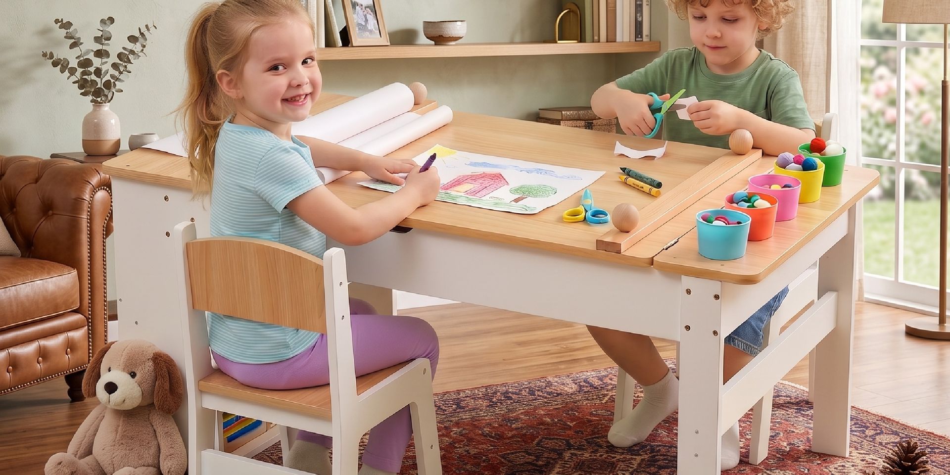 Bandú pack infantil de mesa y dos sillas de madera - niños dibujando y creando juntos