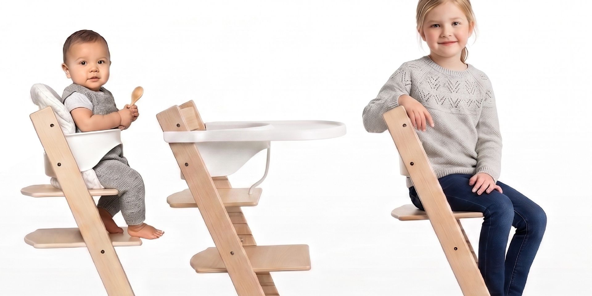 Bandú silla de comer evolutiva de madera - bebé sentado en modo trona con bandeja y aro de sujeción