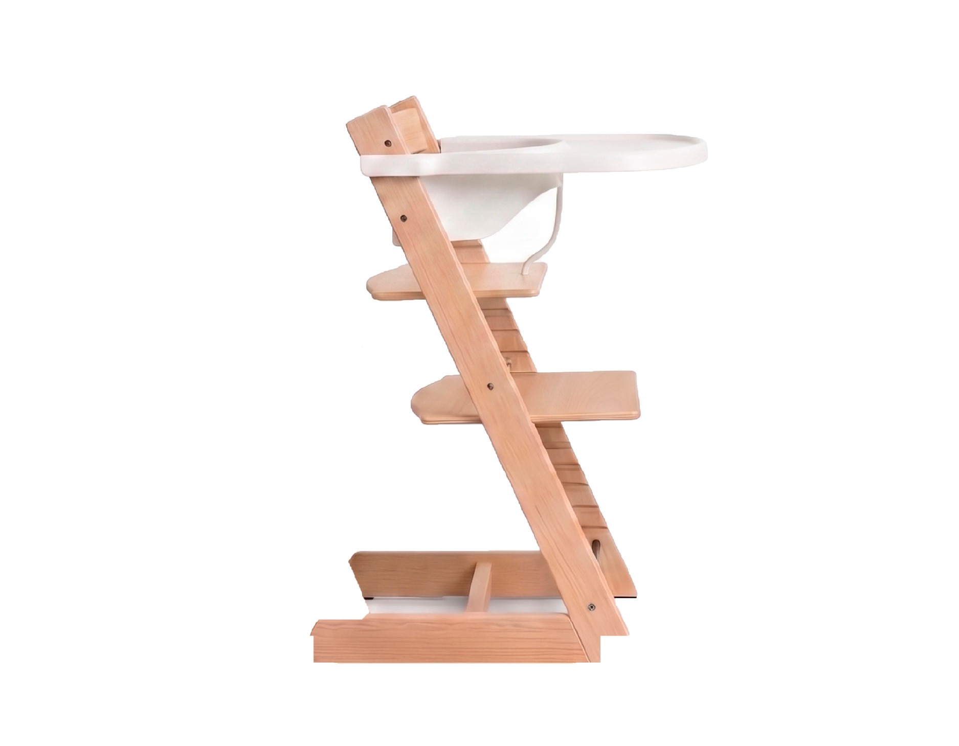 Bandú silla de comer evolutiva de madera - vista lateral con la bandeja y el aro de sujeción instalados