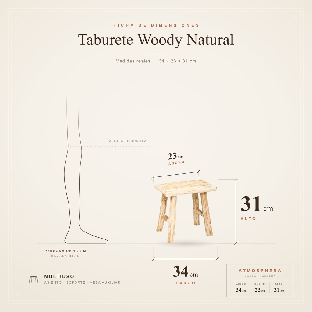 Taburete Woody Atmosphera - ficha de dimensiones 34x23x31