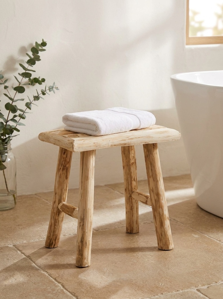 Taburete Woody Atmosphera en el bano con toalla - lifestyle