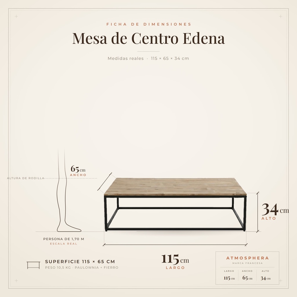 Mesa de centro Edena Atmosphera - ficha de dimensiones 115x65x34