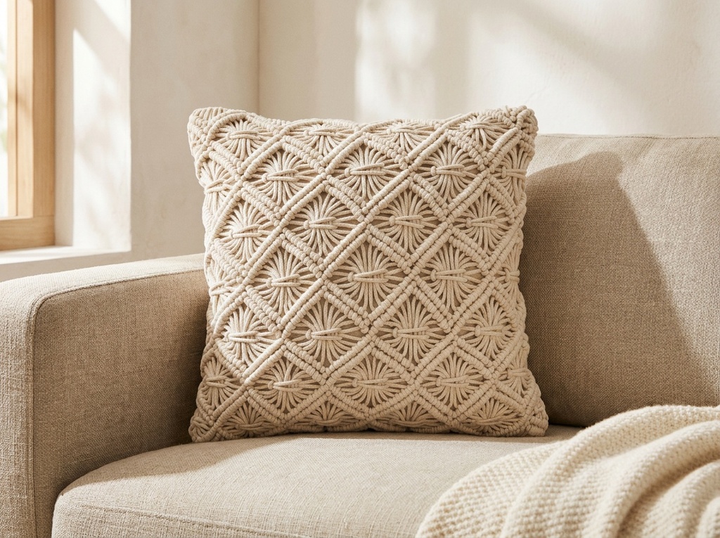 Cojin Ete Macrame Atmosphera en sofa de lino - lifestyle