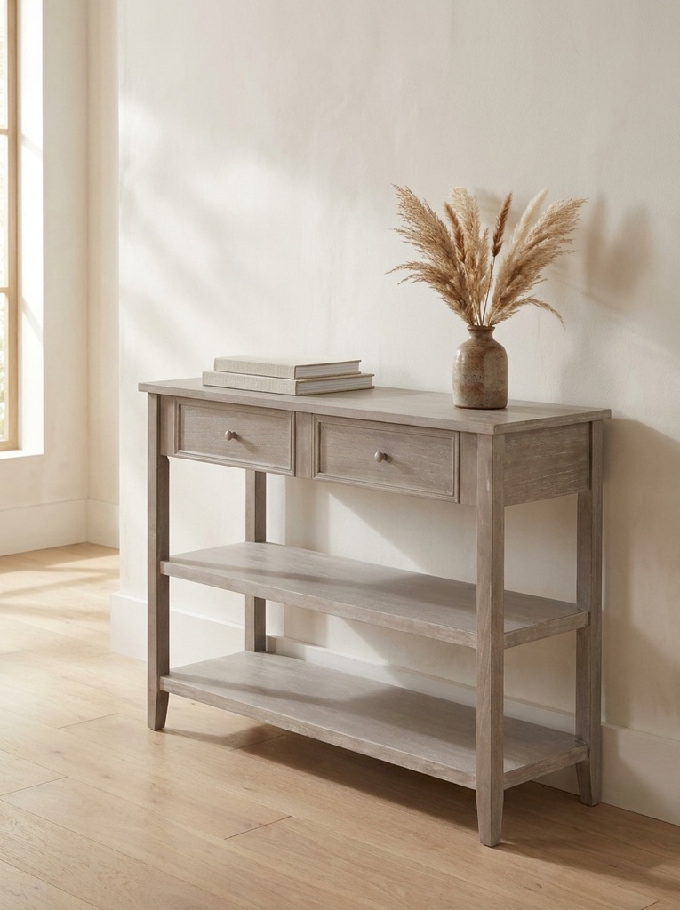 Arrimo 2 Cajones Charme L110 cm gris lavado en recibidor con vasija y libros — Atmosphera Francia