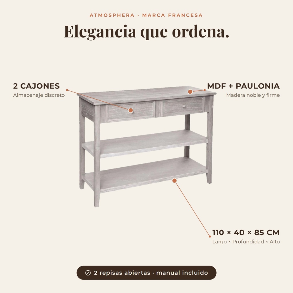 Arrimo 2 Cajones Charme L110 cm atributos 2 cajones MDF paulonia 110x40x85 — Atmosphera Francia