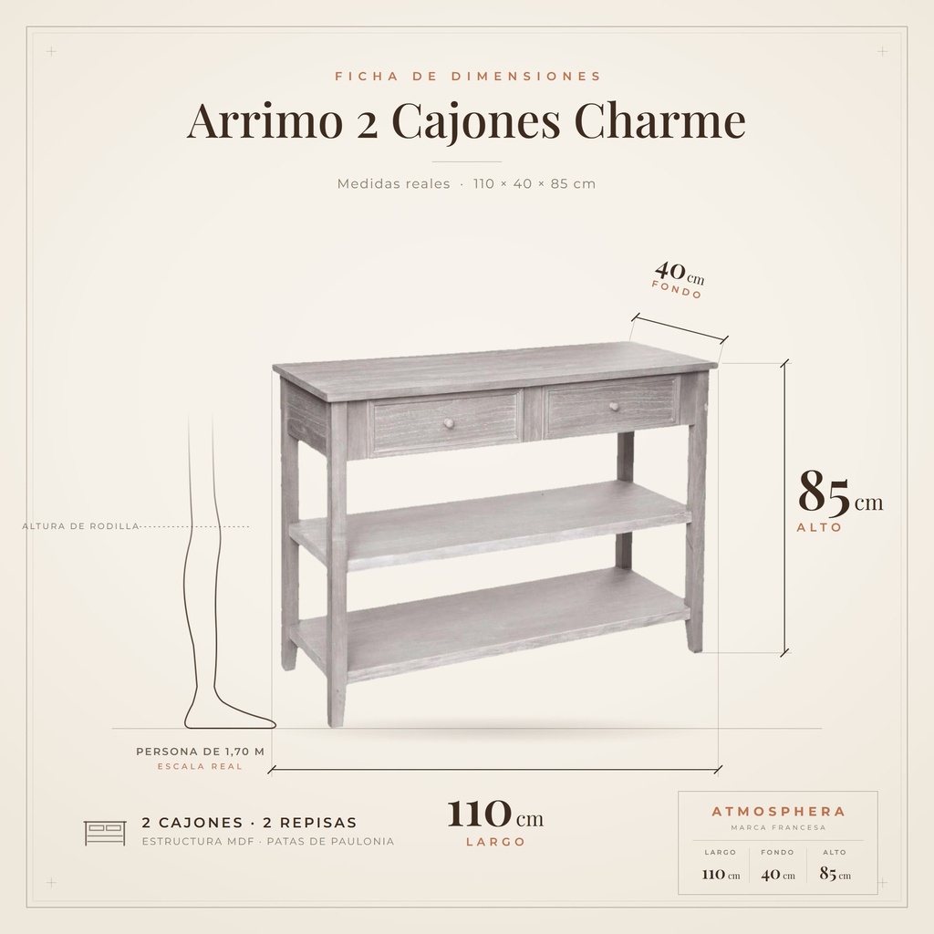 Arrimo 2 Cajones Charme dimensiones reales 110 x 40 x 85 cm escala persona — Atmosphera Francia