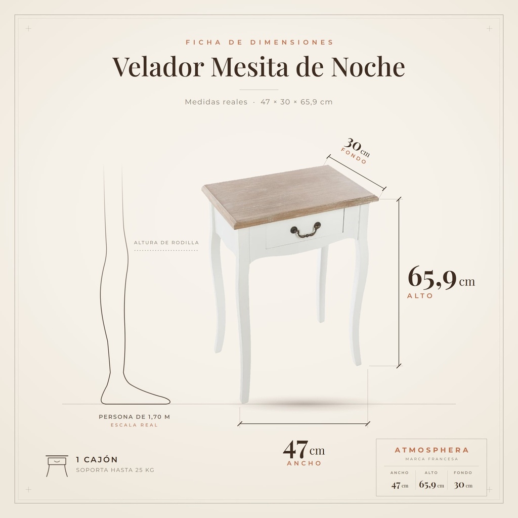 Velador Noche Pino Atmosphera - ficha de dimensiones 47x30x65,9