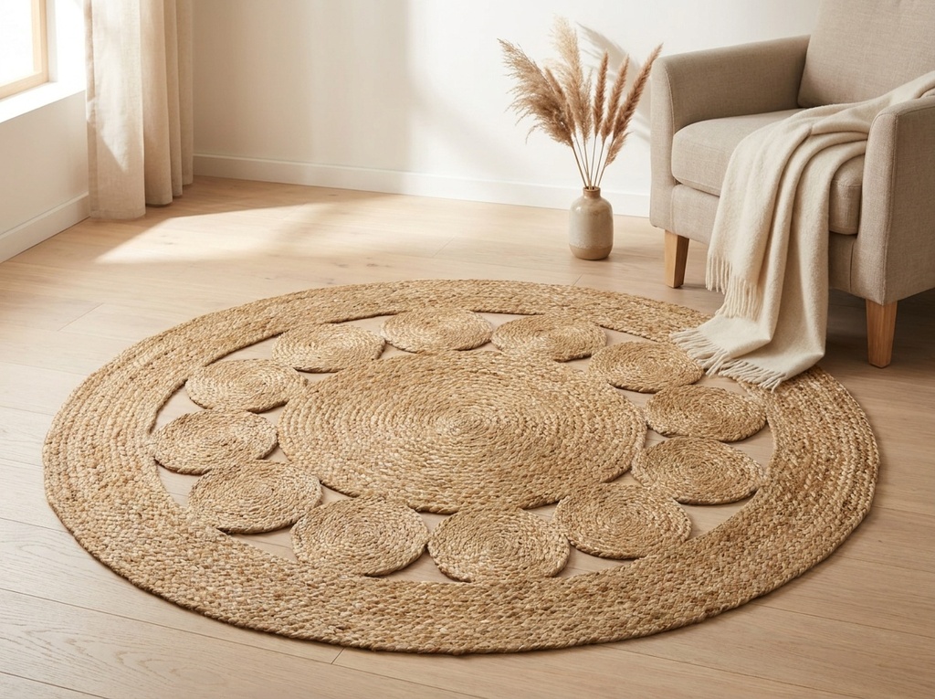 Alfombra de yute calada redonda Atmosphera en living - lifestyle