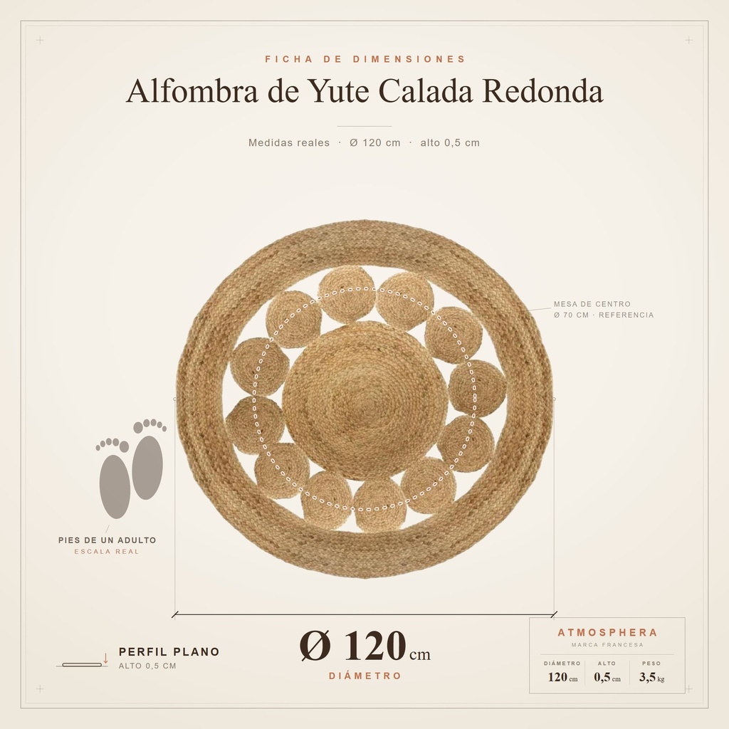 Alfombra yute calada Atmosphera - ficha de dimensiones 120 cm