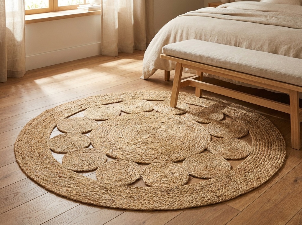 Alfombra de yute calada redonda Atmosphera en dormitorio - lifestyle