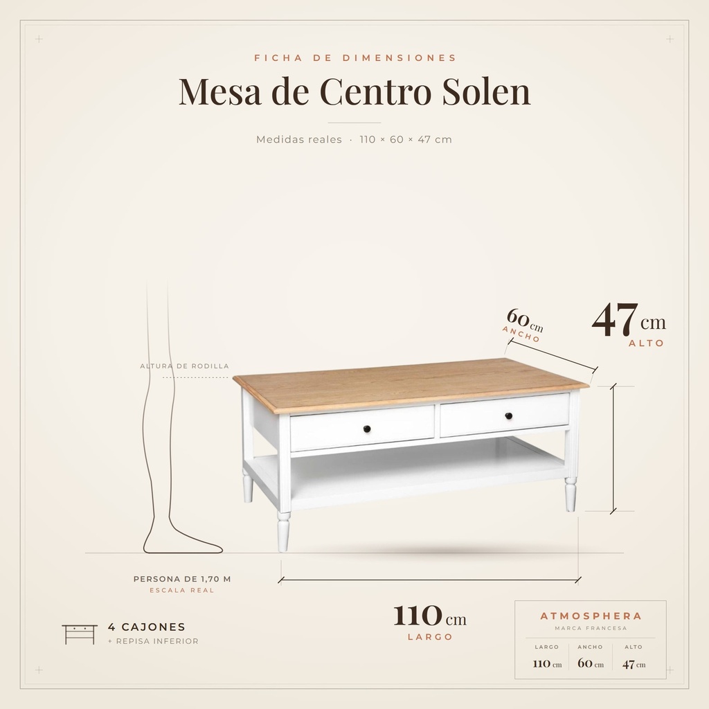 Mesa de Centro Solen Atmosphera - ficha de dimensiones 110x60x47