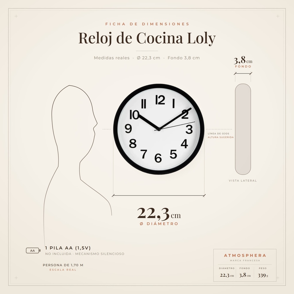 Reloj Cocina Loly Atmosphera - ficha de dimensiones 22,3 cm
