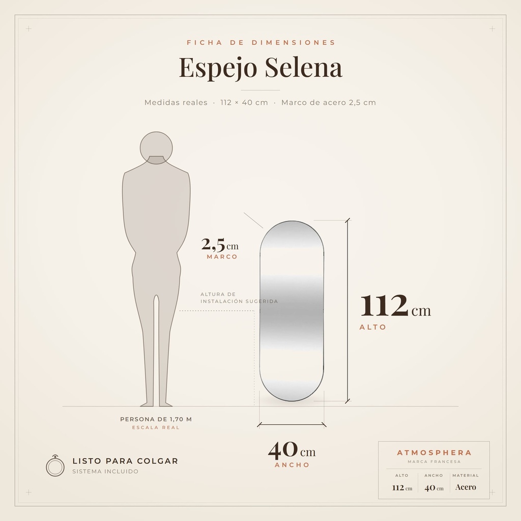 Espejo Selena Atmosphera - ficha de dimensiones 112x40
