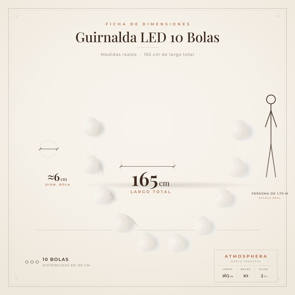 Guirnalda LED 10 Bolas Atmosphera - ficha de dimensiones 165 cm