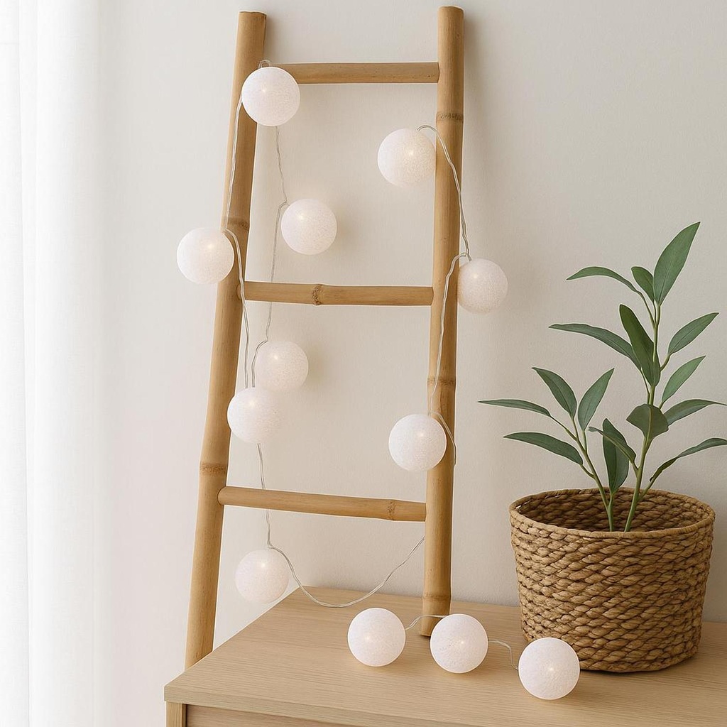 Guirnalda LED 10 Bolas Atmosphera colgada en escalera de bambu - lifestyle