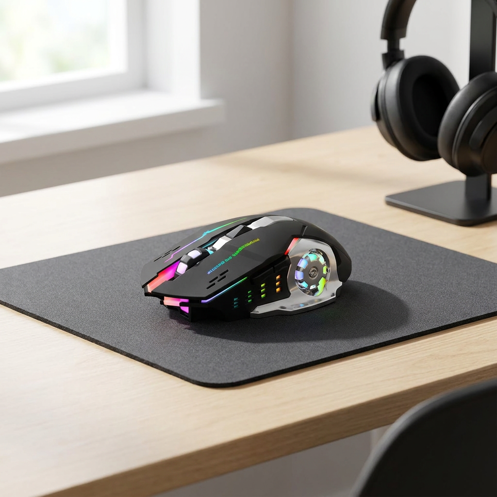 Mouse Gamer Inalámbrico 6 botones Luz  - a clean minimalist desk with a mousepad and 