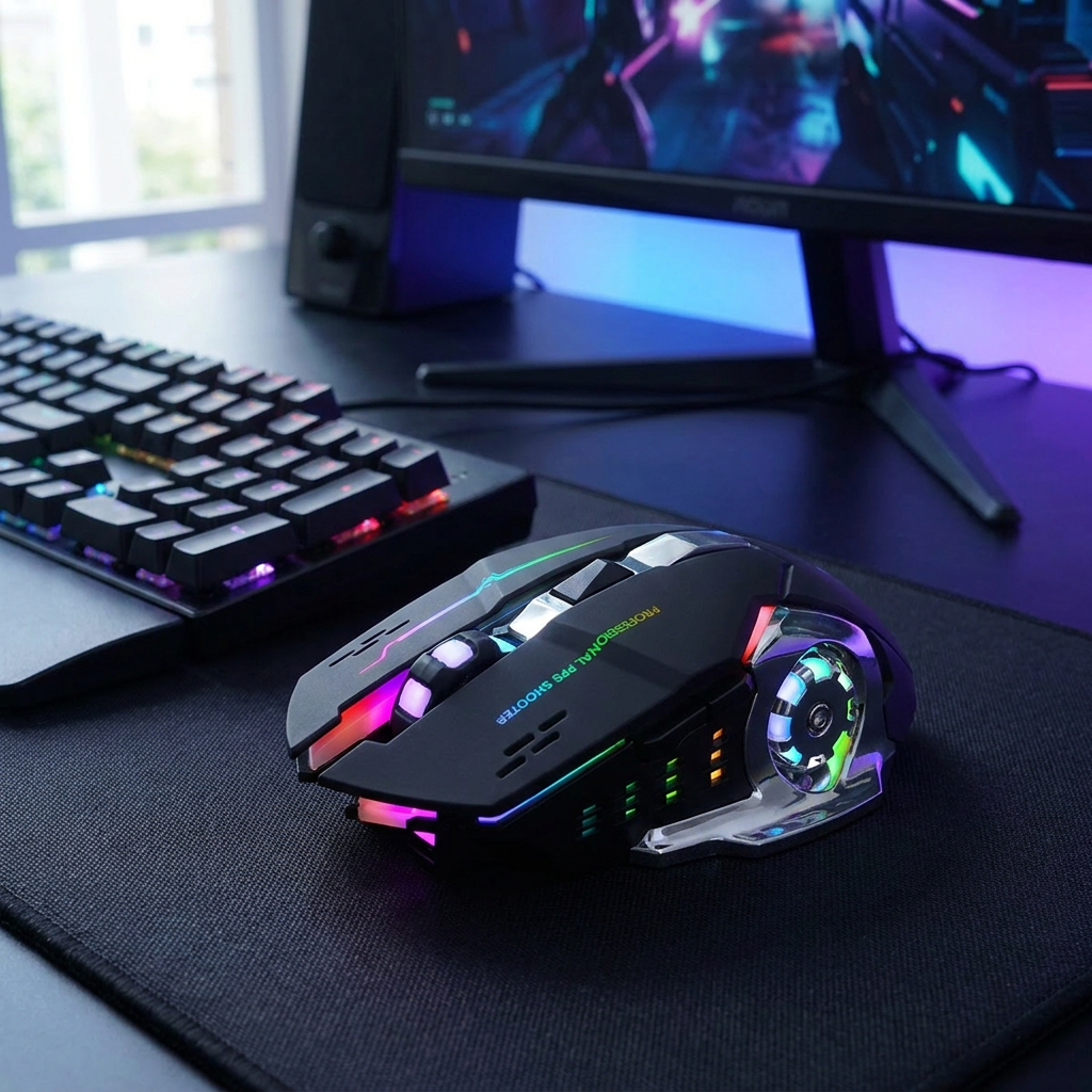 Mouse Gamer Inalámbrico 6 botones Luz  - a dark gaming desk setup with a mechanical k