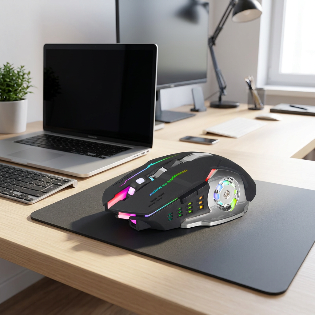 Mouse Gamer Inalámbrico 6 botones Luz  - an organized home office desk with a laptop