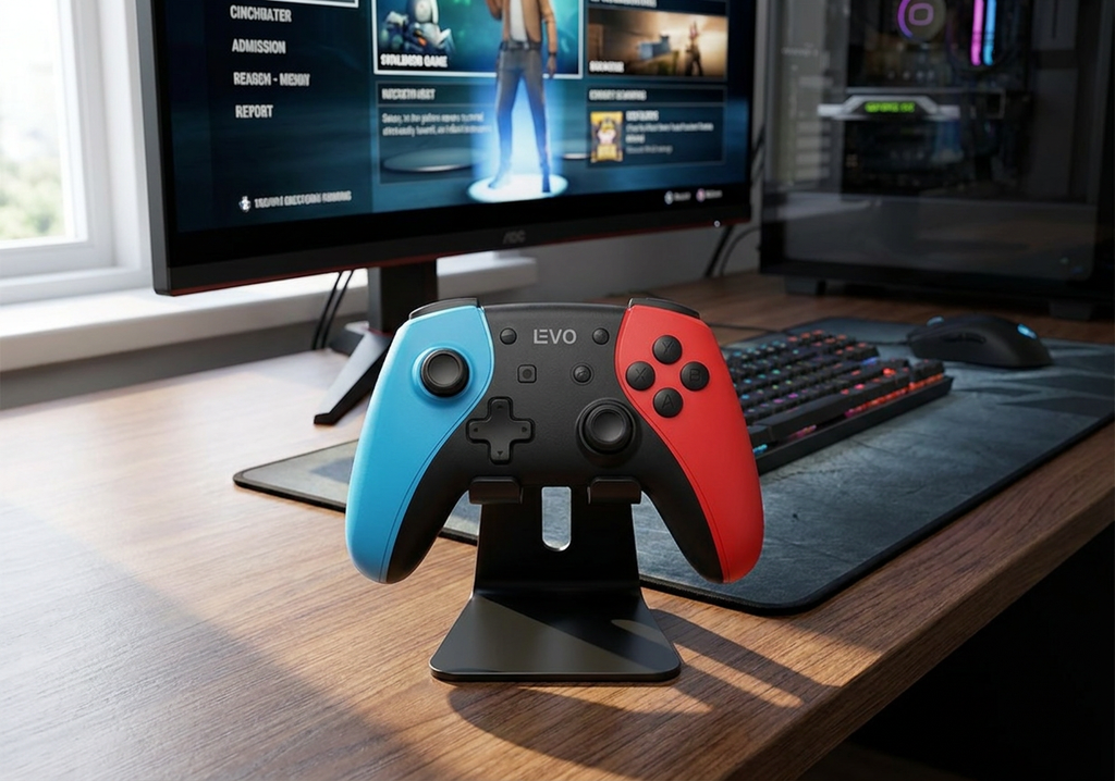 Control Joystick Controller Compatible - a gaming desk with a monitor and controller 