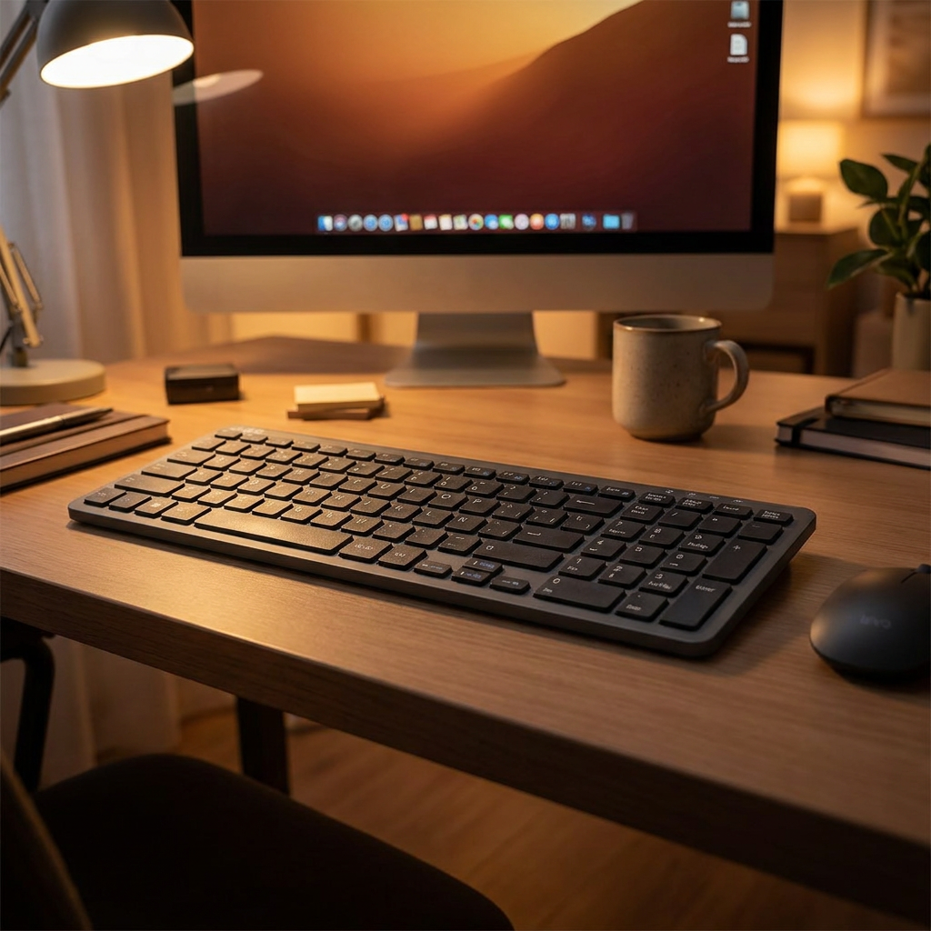 Teclado Inalámbrico Cygna Slim Grafito - a home office desk with a monitor, warm ligh