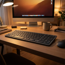 Teclado Inalámbrico Cygna Slim Grafito - a home office desk with a monitor, warm ligh