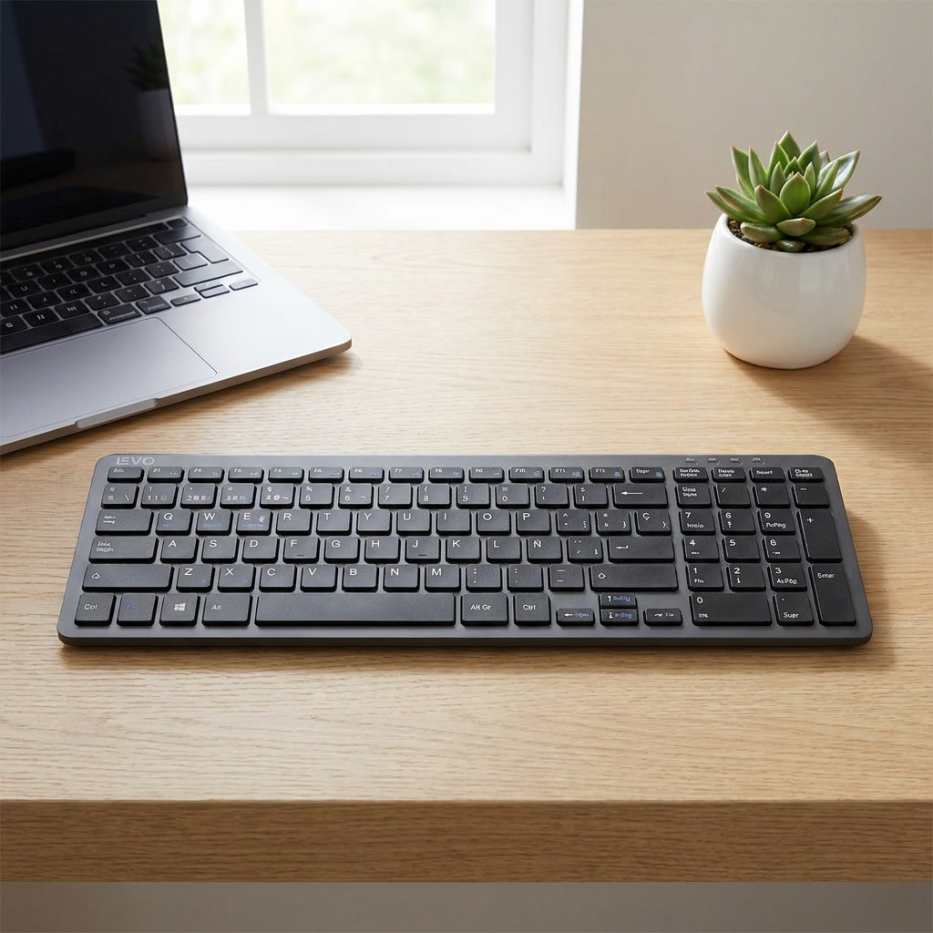 Teclado Inalámbrico Cygna Slim Grafito - a minimalist office desk with a laptop and a