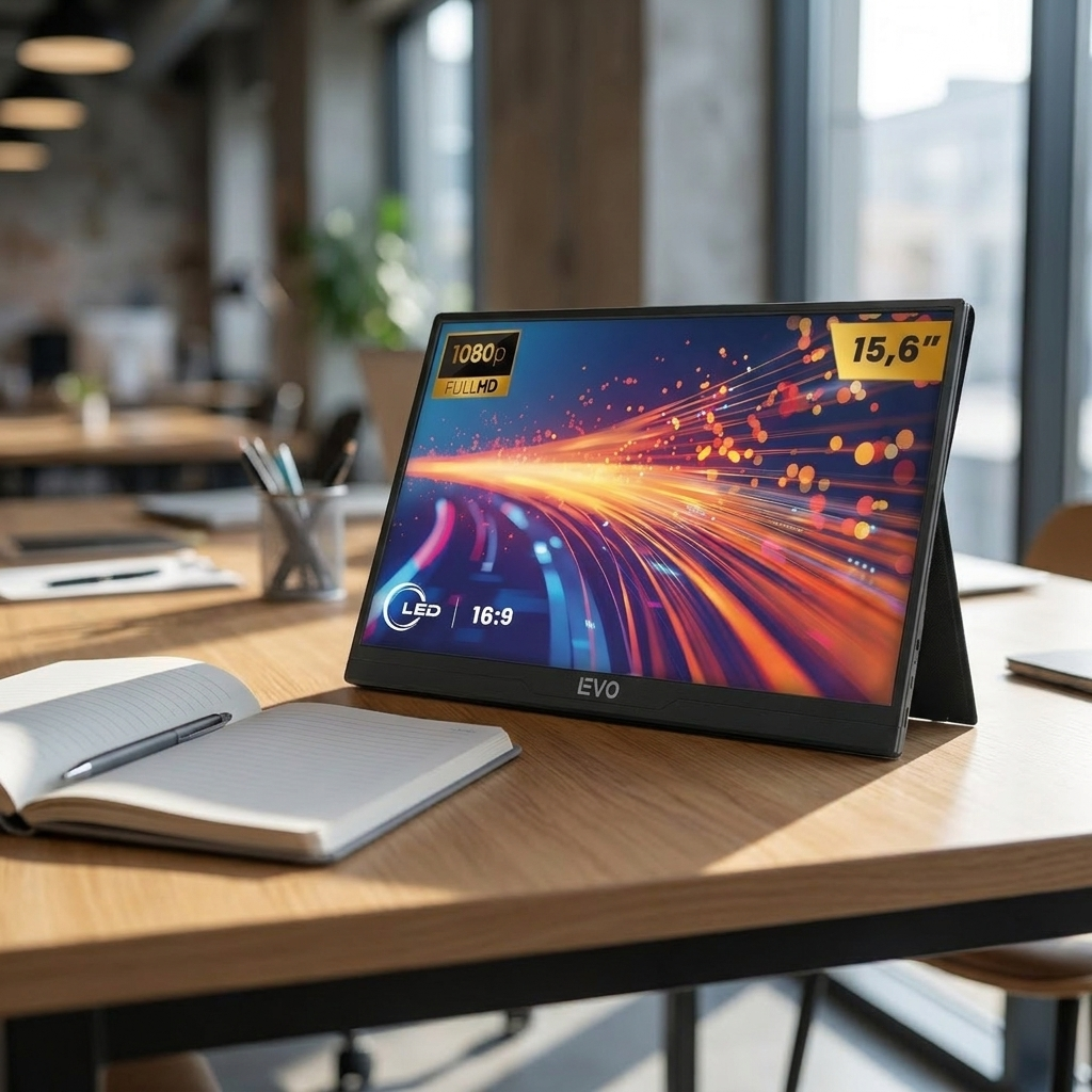 Monitor Portátil Gamer ViewGo 15,6" Fu - a coworking table with a notebook