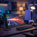 Monitor Portátil Gamer ViewGo 15,6" Fu - a gaming setup with a console, moody light