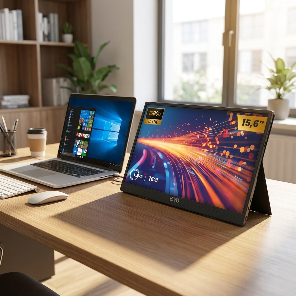 Monitor Portátil Gamer ViewGo 15,6" Fu - on a desk next to a laptop as a second scree