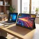 Monitor Portátil Gamer ViewGo 15,6" Fu - on a desk next to a laptop as a second scree