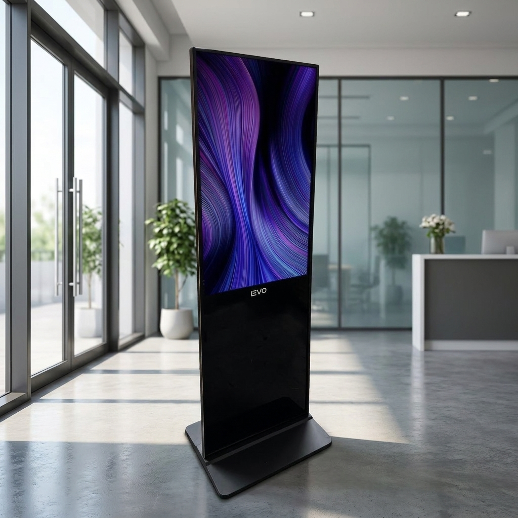 Pantalla Totem Publicitario 50" Touch  - at a corporate office entrance, daylight