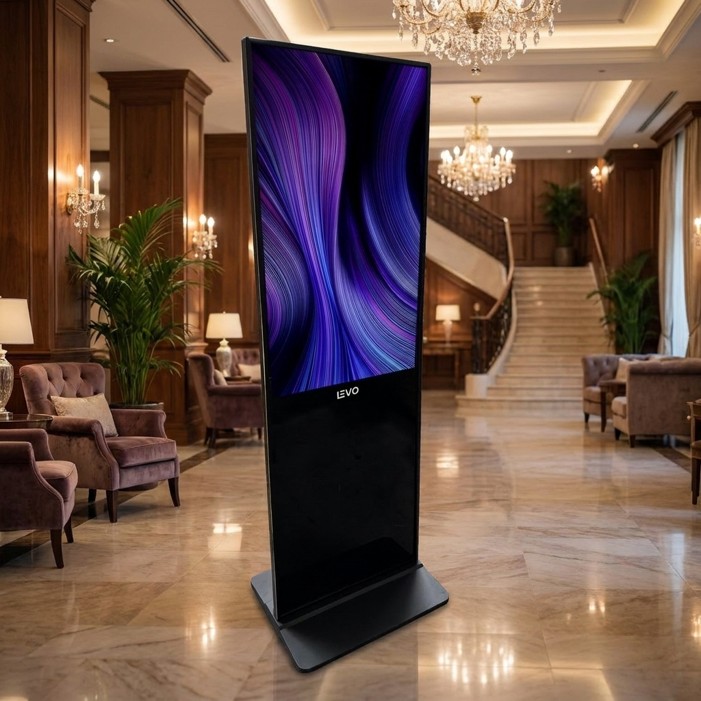Pantalla Totem Publicitario 50" Touch  - in a hotel lobby, elegant lighting