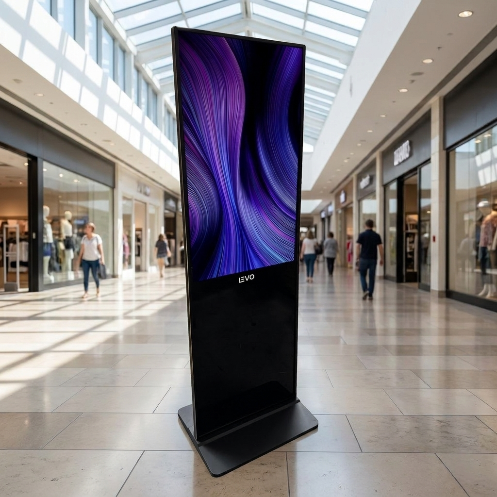 Pantalla Totem Publicitario 50" Touch  - in a modern shopping mall corridor, bright l