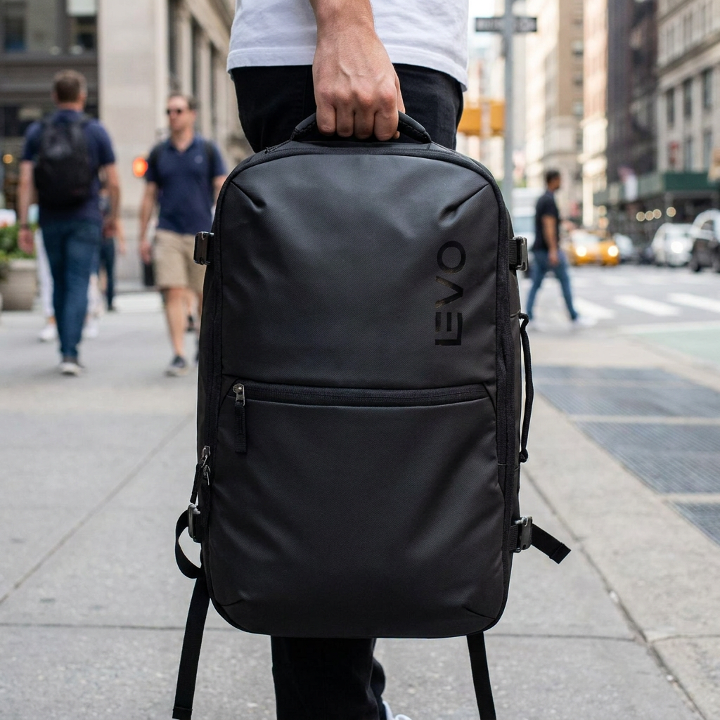 Mochila Viaje Impermeable Notebook 30L - carried on a city street, urban daylight