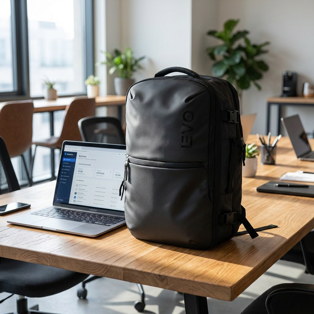 Mochila Viaje Impermeable Notebook 30L - next to a laptop on a coworking table