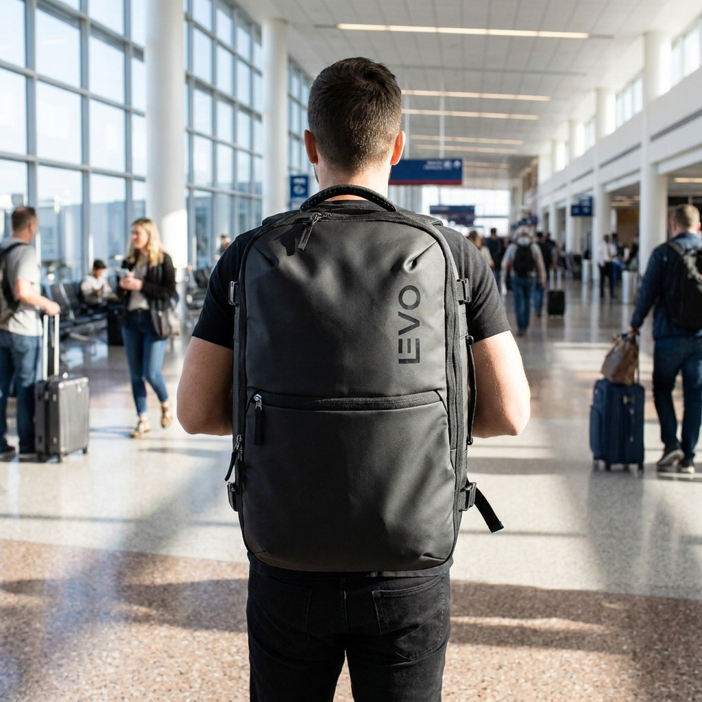 Mochila Viaje Impermeable Notebook 30L - worn by a traveler in an airport terminal, n