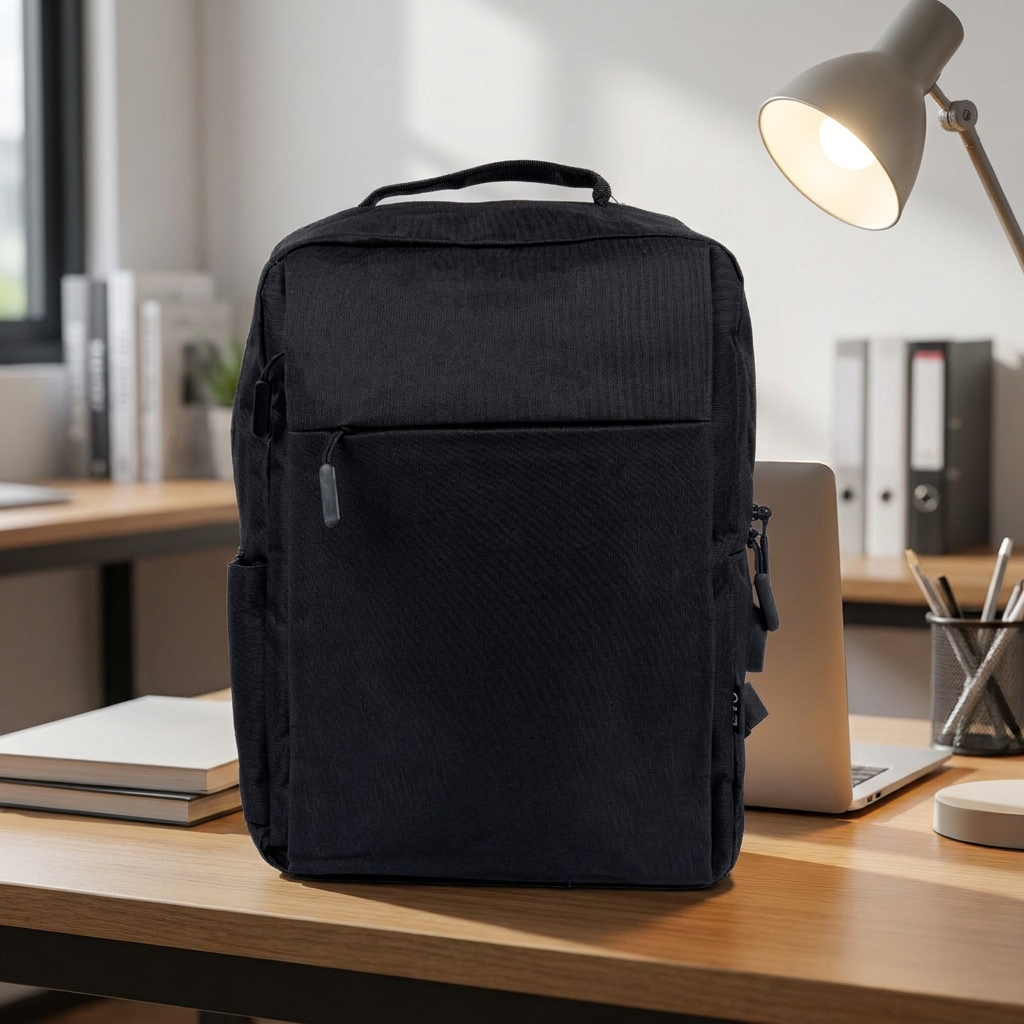Mochila para Notebook con Puerto USB 1 - on a desk next to a laptop, office light