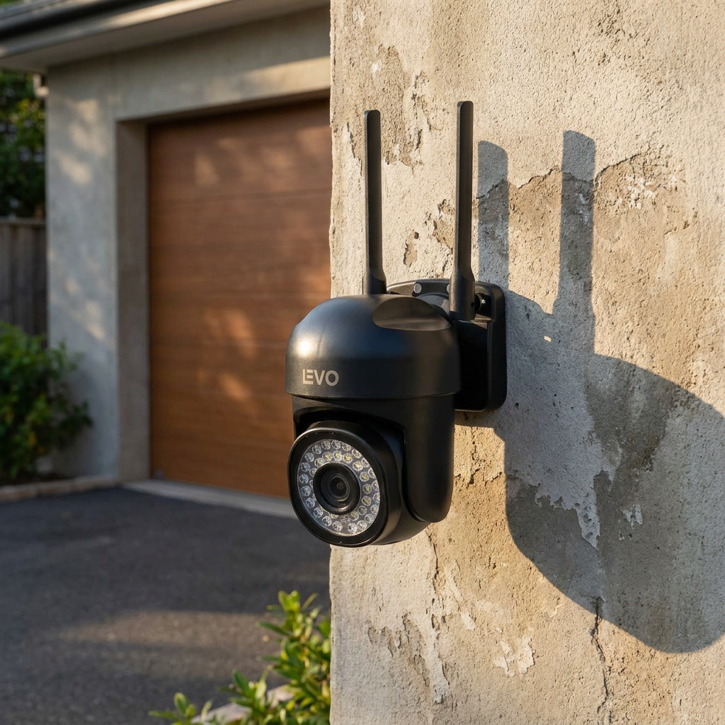 Cámara de Seguridad Impermeable Wifi 5 - on a garage exterior wall, afternoon light