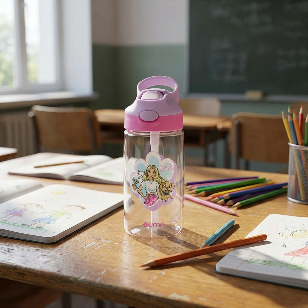 Botella Agua Niños Barbie & Pets 420ml - on a school desk with notebooks and colored 