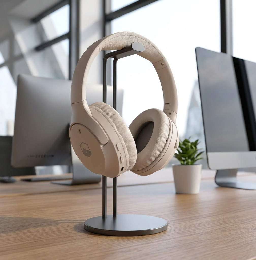 Audifonos Bluetooth Inalambricos Over  - hanging on a headphone stand in a modern off
